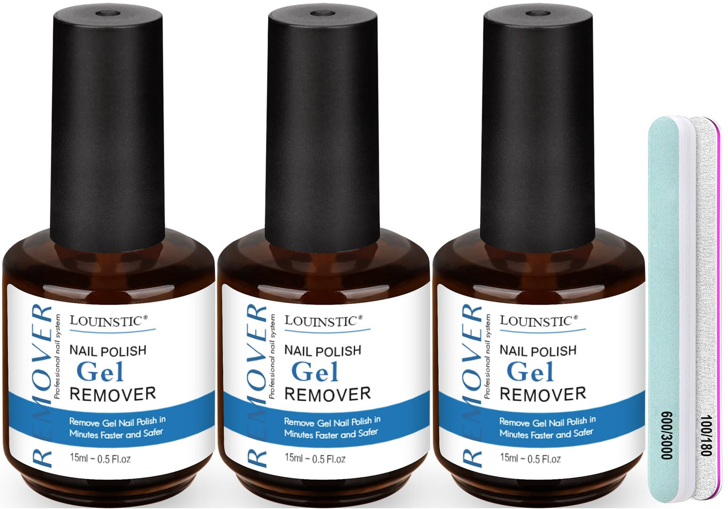 LOUINSTIC Gel Remover Kit - 3 Pcs (45ml) - Quick, Gentle Nail Care Solution for Home or Pro Use with Nail File