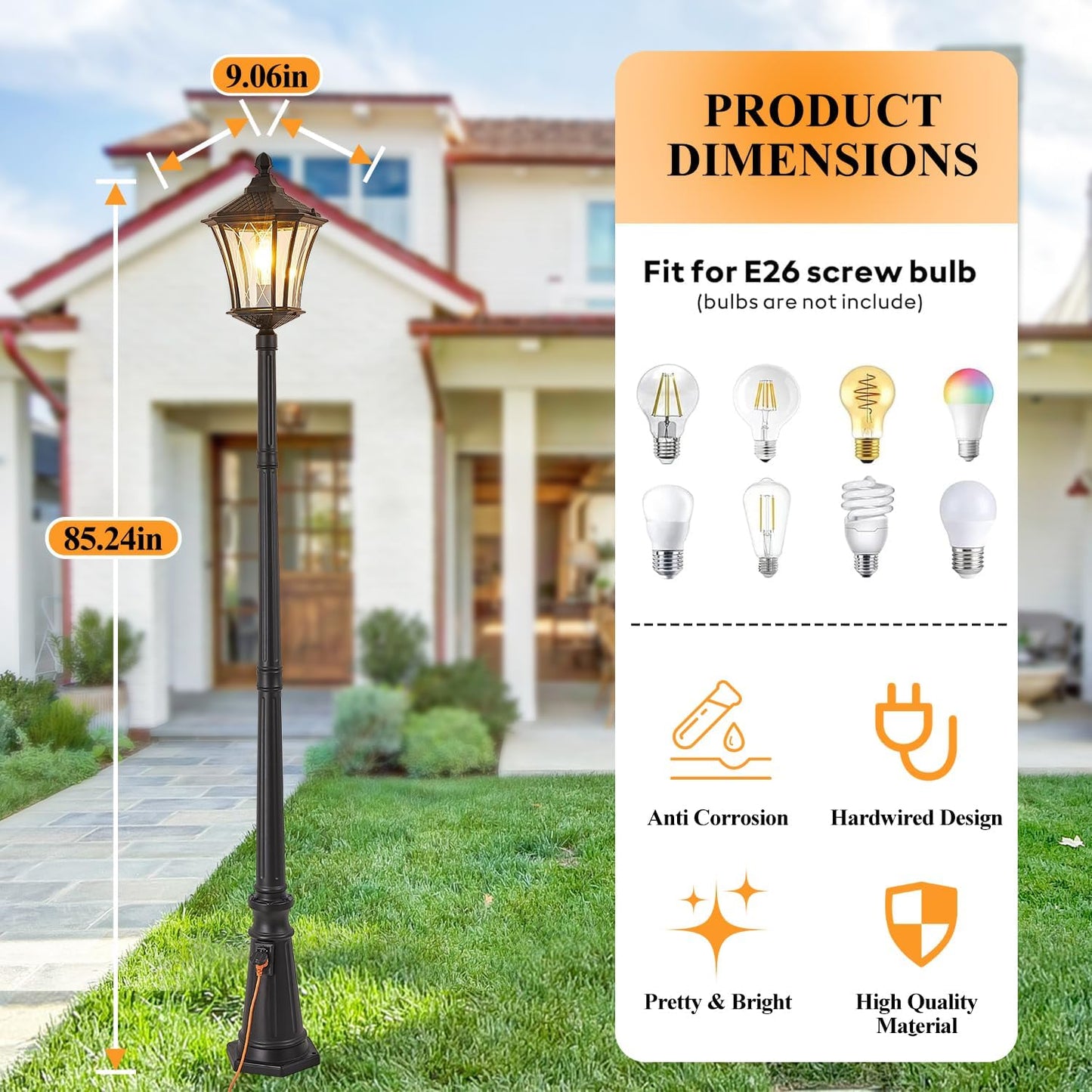 Outdoor Lamp Post Lights with Outlet, Dusk to Dawn Pole Lamp with Patterned Glass, Aluminum Waterproof Outside Street Lights, Hardwired Black Light Pole for Backyard, Garden, Driveway
