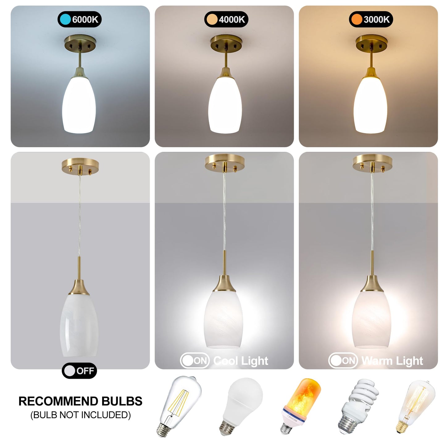 Viinew Mini Glass Pendant Light 3-Pack Art Glass Oval Chandelier Brushed Gold Finish 4.72in for Kitchen Dining Foyer Hallway