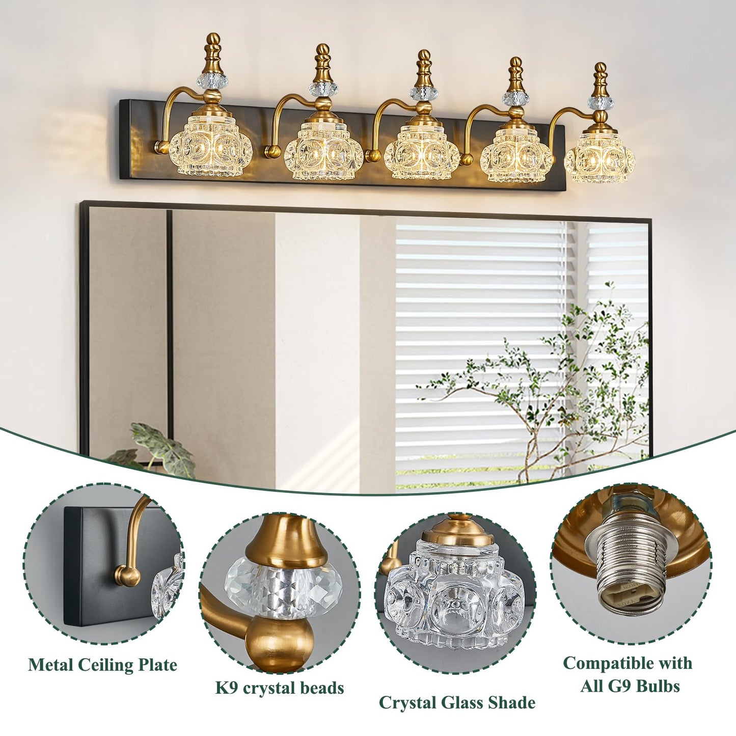 Lbsqj Modern Glass Crystal Vanity Light - Vintage Bathroom Lighting Fixtures Over Mirror  5 Light Vanity Lights G9 Bulb (35.43 Inch  Black Gold)
