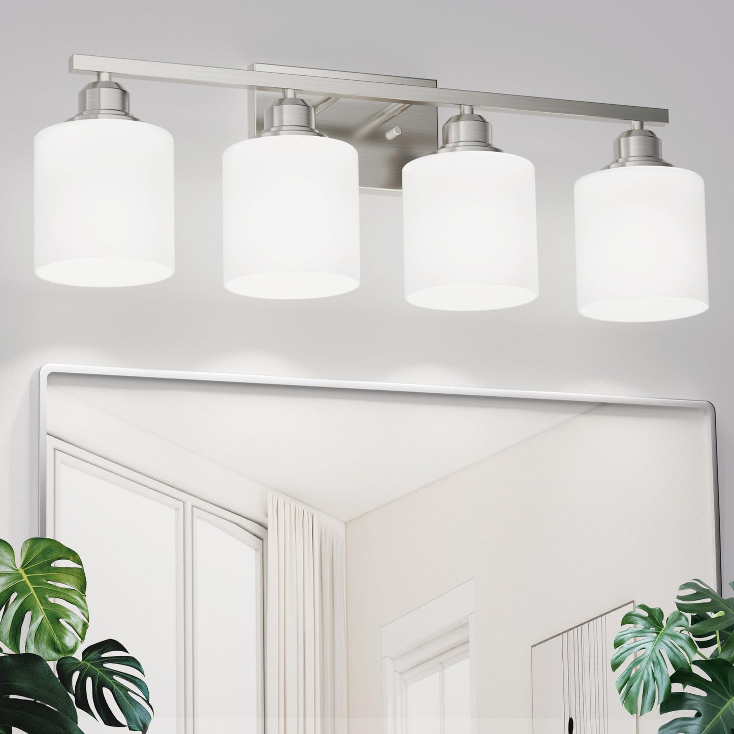 Sailstar 4-Light Bathroom Light Fixtures, Brushed Nickel, Glass Shade, Model CP-JQD-F-002