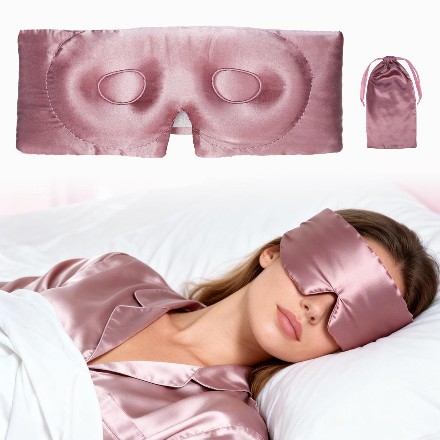 VOCOSTE 22 Momme Pure Silk Sleep Mask with Travel Pouch, 3D Contour Adjustable Blindfold for Side Sleepers, Eyelash Protecting for Natural Lashes & Extensions, Bean Pink