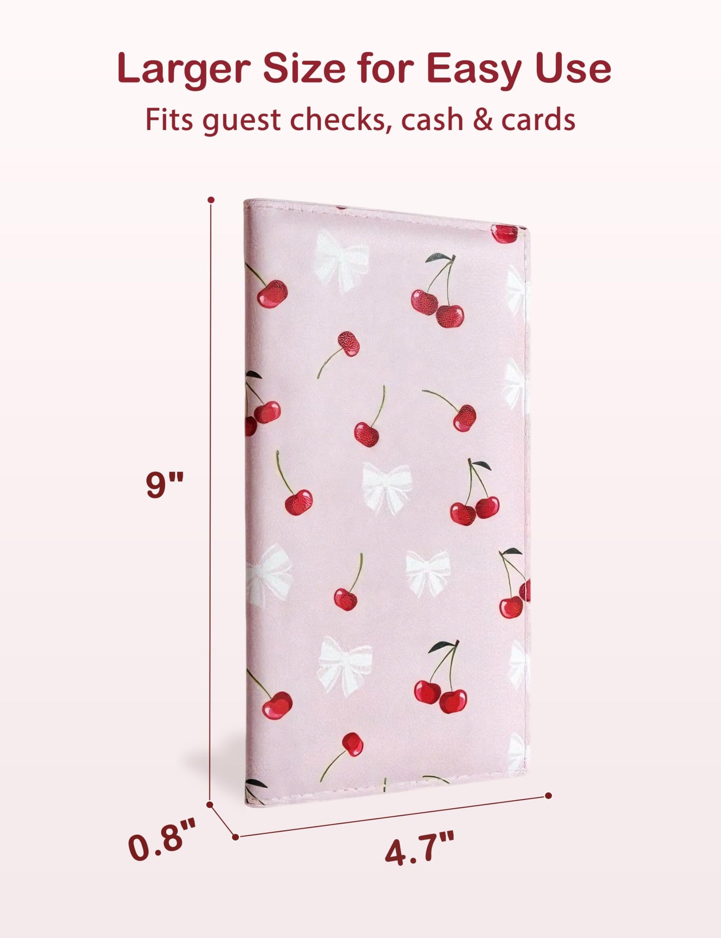 Zreal Cute Server Book for Waitress, Waiter Book with Zipper and Magnetic Pocket, Cherry & Bow Print Serving Book for Waitstaff in Restaurants, Leather Waitstaff Organizer Fits Server Aprons(Pink)