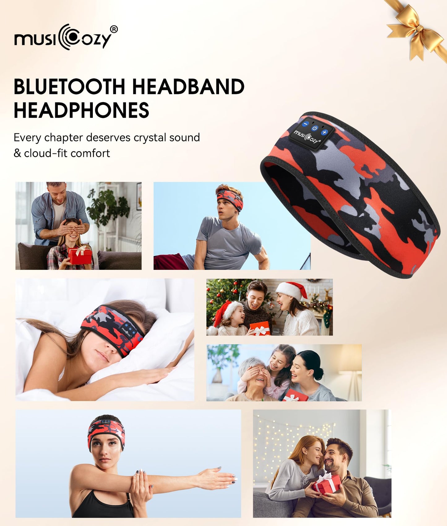 MUSICOZY Sleep Headphones Bluetooth 5.4 Headband, Wireless Earphones Music Sleep Earbuds Sleeping Eye Mask with HD Stereo Speakers for Workout Running Travel Yoga, Ideal Gifts (Black Red)