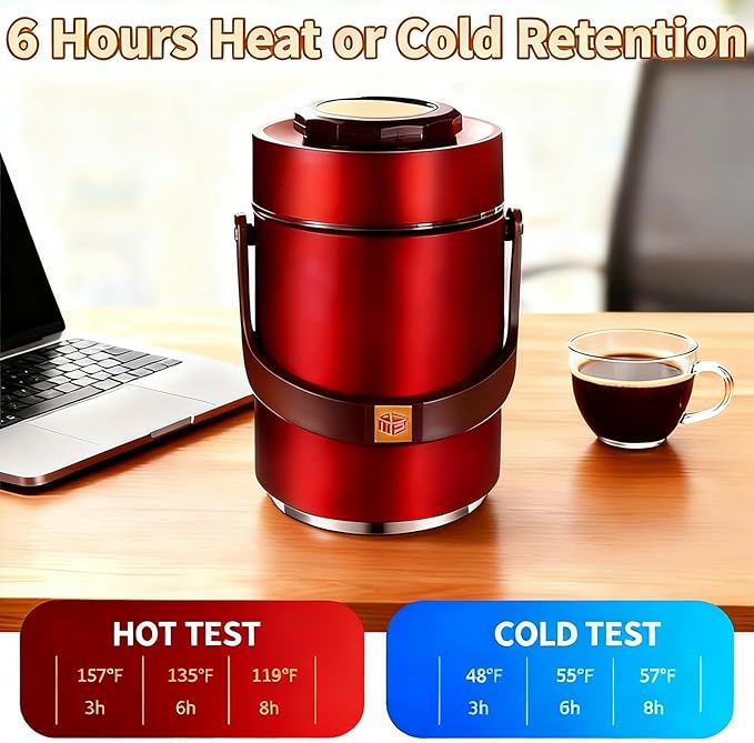 67oz Vacuum Insulated Lunch Food Container for Hot Food, 3 Tier Sealed Stackable Food Thermo, Adults Stainless Steel Wide Mouth Thermal Lunch Box, Leak-Proof Thermo Food Jar for Office & Outdoor(Red)