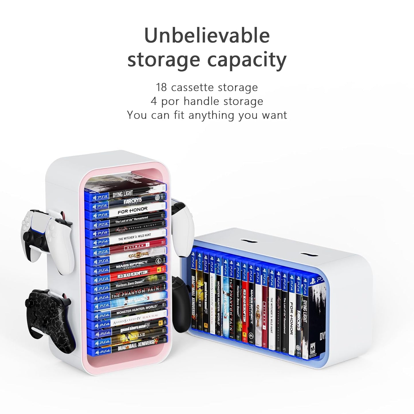 wigmoa OYO-1 15.8INCH Game Storage Tower Compatible with PS5/ Xbox Series S & X/Switch, Universal Video Discs Organizer 18 PCS with 4 Controller Holder, Game Disk Box Stand (White/Pink)