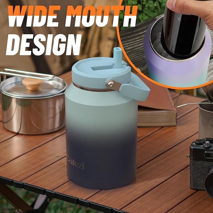 Insulated Water Bottle 64 oz, Stainless Steel Water Bottles with Flip Straw and Top Handle, Leak Proof, Iced for 34 Hours, Vacuum Insulated Water Bottle for Home, Office, Hiking, Car