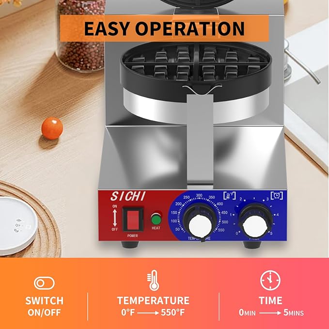 Commercial Waffle Maker - Belgian Waffle Maker w/Non-stick Baking Pan and 550℉ Heating, 1200W Rotating Waffle Iron for 1.2" Thick, Stainless Steel Round Waffle Machine for Restaurant
