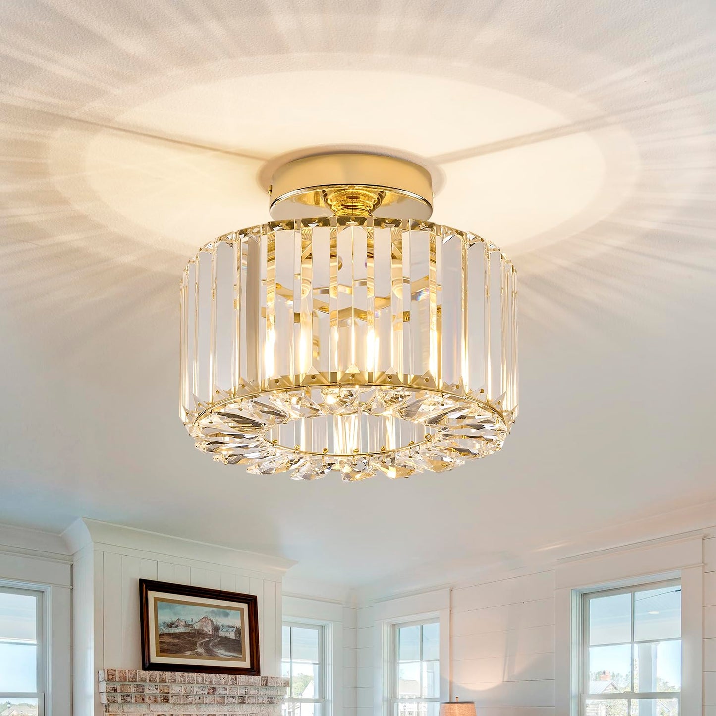 Buxvrcs Crystal Ceiling Light Fixture - Semi Flush Mount Chandelier, Gold, Medium, Model Sjd-12B, Perfect For Kitchen, Bedroom, Bathroom