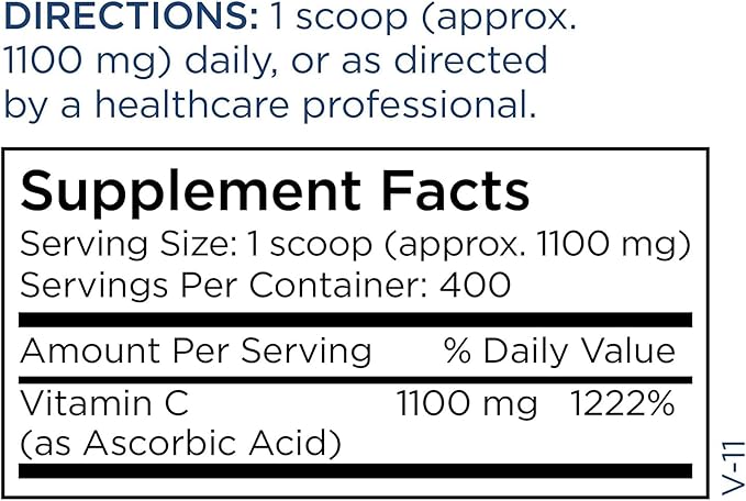 Metabolic Maintenance Vitamin C Powder - 1100 mg Pure Ascorbic Acid Antioxidant + Immune Support Supplement - Easy Drink Add-in (15.7 oz / 400 Servings)