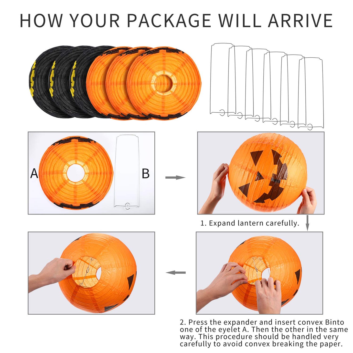 Blulu Halloween Hanging Paper Lanterns Set, 6 Pieces, 11.8 Inch, Orange/Black, Paper, Model Blulu-Lanterns Set-01