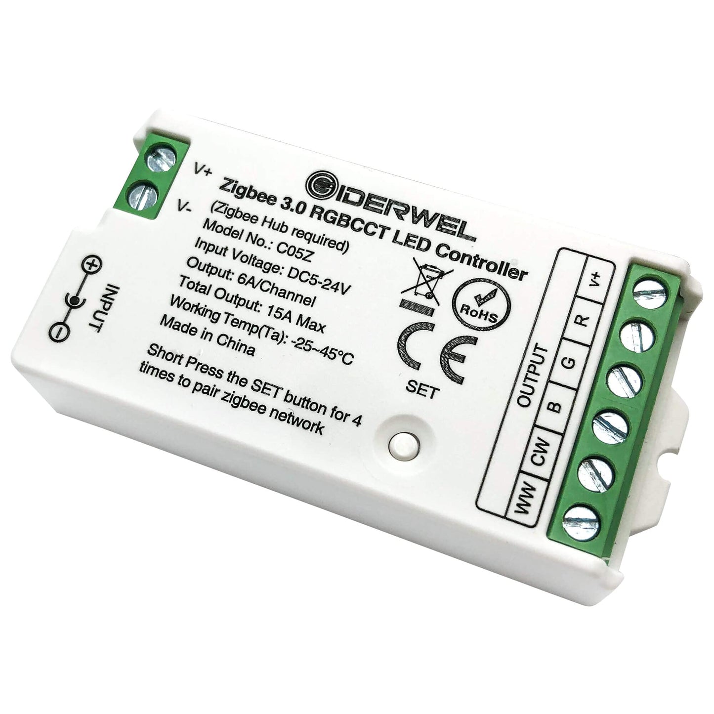GIDERWEL Zigbee LED Controller RGBCCT Dimmable Compatible with Hub, Alexa, 6 Wire, Plastic, Zigbee 3.0