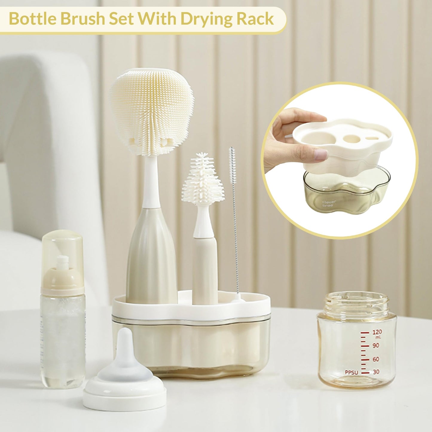 biqin Baby Bottle Brush Kit with Push-Press Bubble and Drying Rack for Bottle Cleaning, Bendable Bottle Cleaner Brush for Baby Bottles, Breast Pumps, Nipples, Straws and More. Perfect for Home&Travel