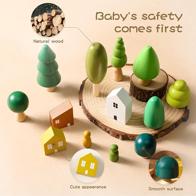 Wooden Forest House Stacking Toy Set with 13PCS Wood Miniature Tree Blocks Set Elegant Ornaments for Home Decor Accessories for Baby 36 Months+