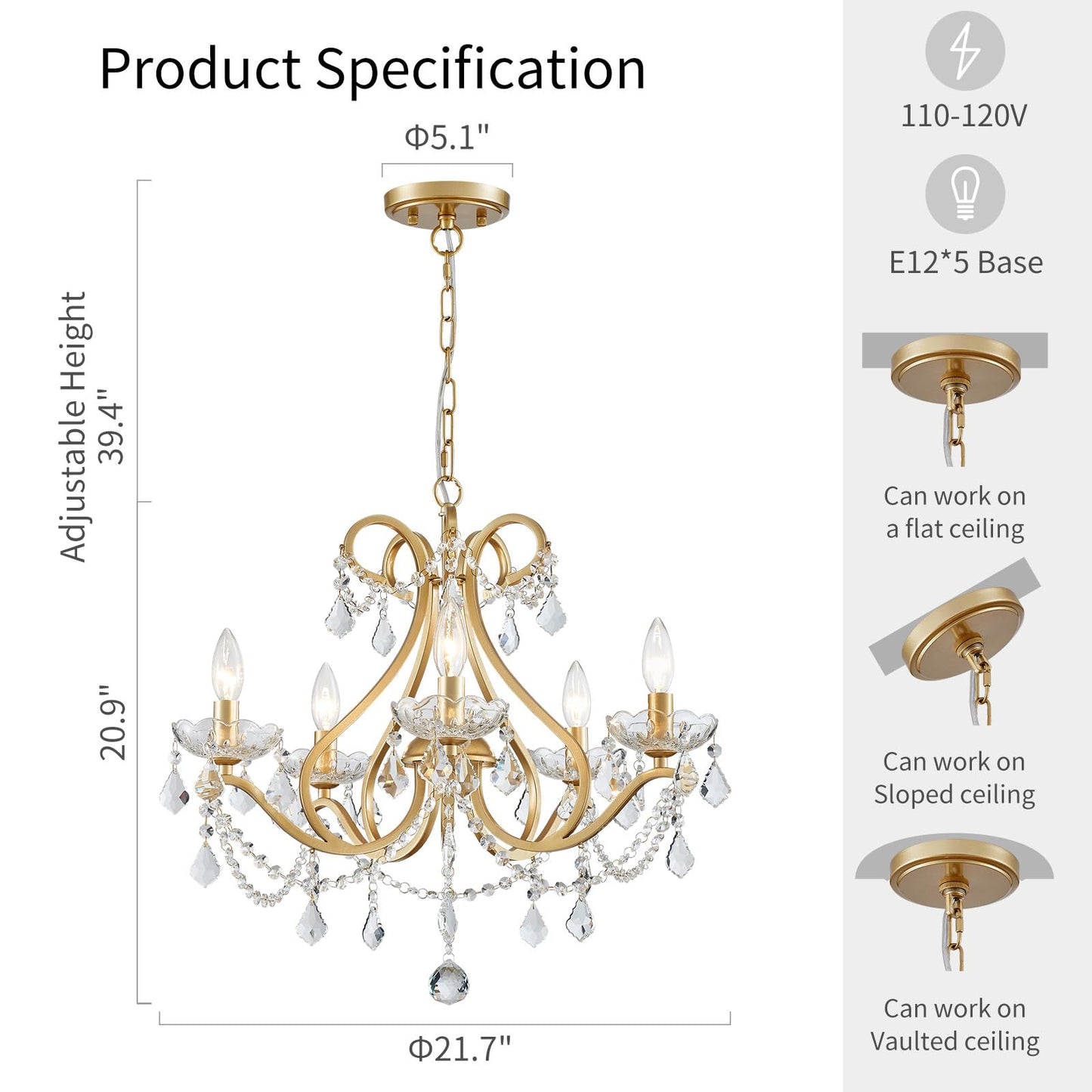 Wuzups Crystal 5-Light Candle Chandelier Pendant Flushmount Ceiling Light Modern Lighting Fixture For Bedroom Hallway Bar Kitchen Bathroom  H 20.9 X W 21.7  Gold  E12 Base
