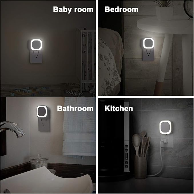 6 Pack Daylight White Night Light, Gentle Eye-Care with Dimmable Wide-Glow & Indirect Reflection, Auto Dusk to Dawn Sensor, Plug in for Kitchen Counter, Garage Workshop, Laundry, Hallway