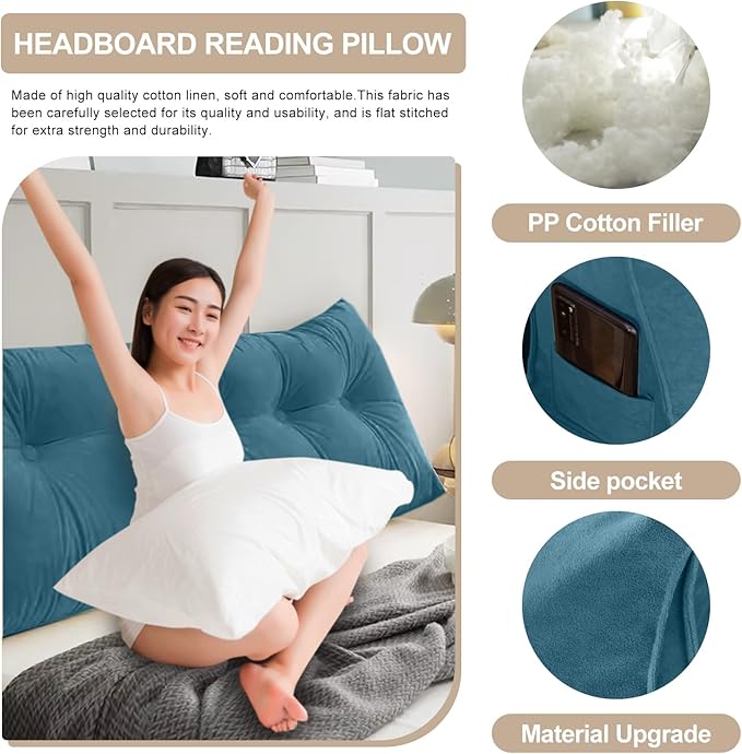 Large Triangular Headboard Pillows Long Backrest Positioning Support Bolster Cushion for Daybed Fluffy Quality Plush Body Wedge Pillow with Removable Cover(Dark Blue-Cal King-71x8x20 in)