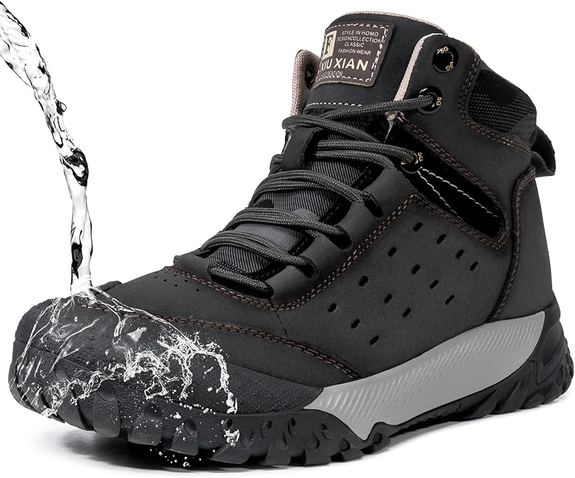 KEFUWU Men's Hiking Boots Waterproof Non-Slip Leather Mid Top Ankle Boot Lightweight Hiker Breathable Trekking Boot