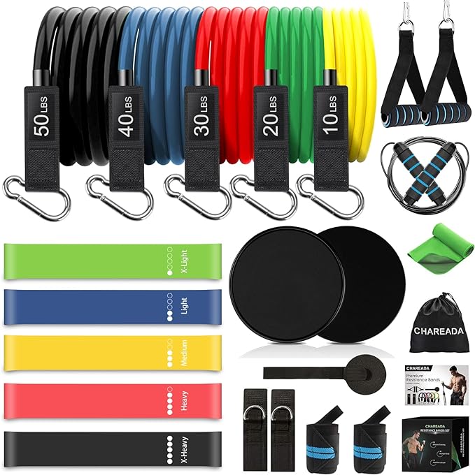 23 Pack Resistance Bands Set Workout Bands, 5 Stackable Exercise Bands 5 Loop Resistance Bands 2 Core Sliders, Door Anchor...