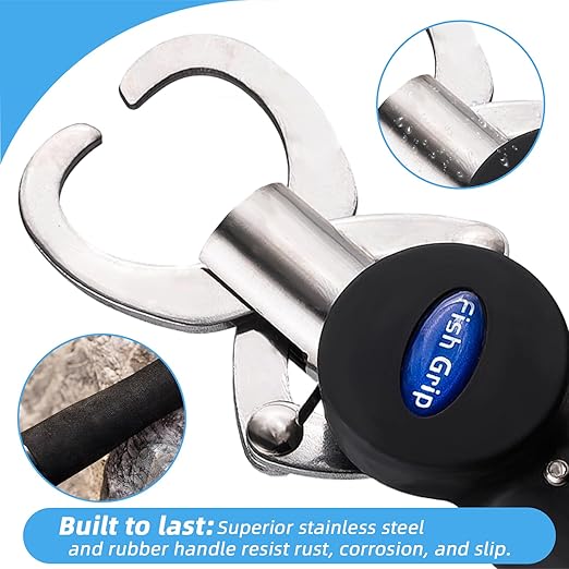 Fish Gripper with Scale – 33 lb Stainless Steel Fish Lip Gripper, EVA No-Slip Handle, Quick-Release Fish Lip Clamp, Adjustable Wrist Lanyard for Kayak, Boat & Bank Fishing