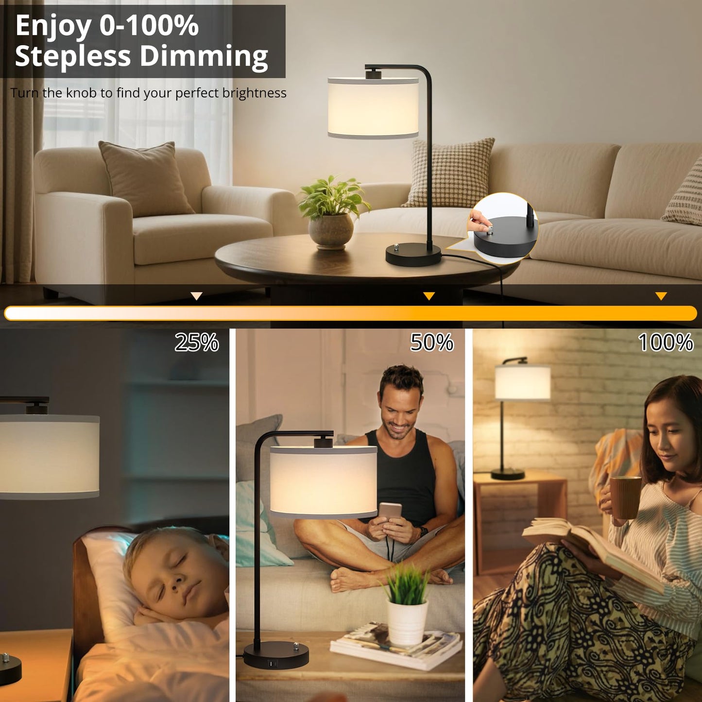 Seaside Village Table Lamp with USB C+A Ports, Stepless Dimmable, 13.98in x 13.98in x 25in, Black Base with White Shade, Model BW