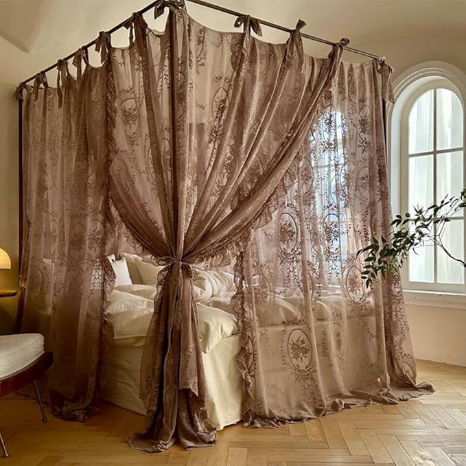 Elegant Lace Princess 4 Corner Post Mosquito Net Romantic for Girls Women Bed Curtain Canopy for Adult Wedding Bedroom Kids Rooms Decoration (Coffee, Queen)