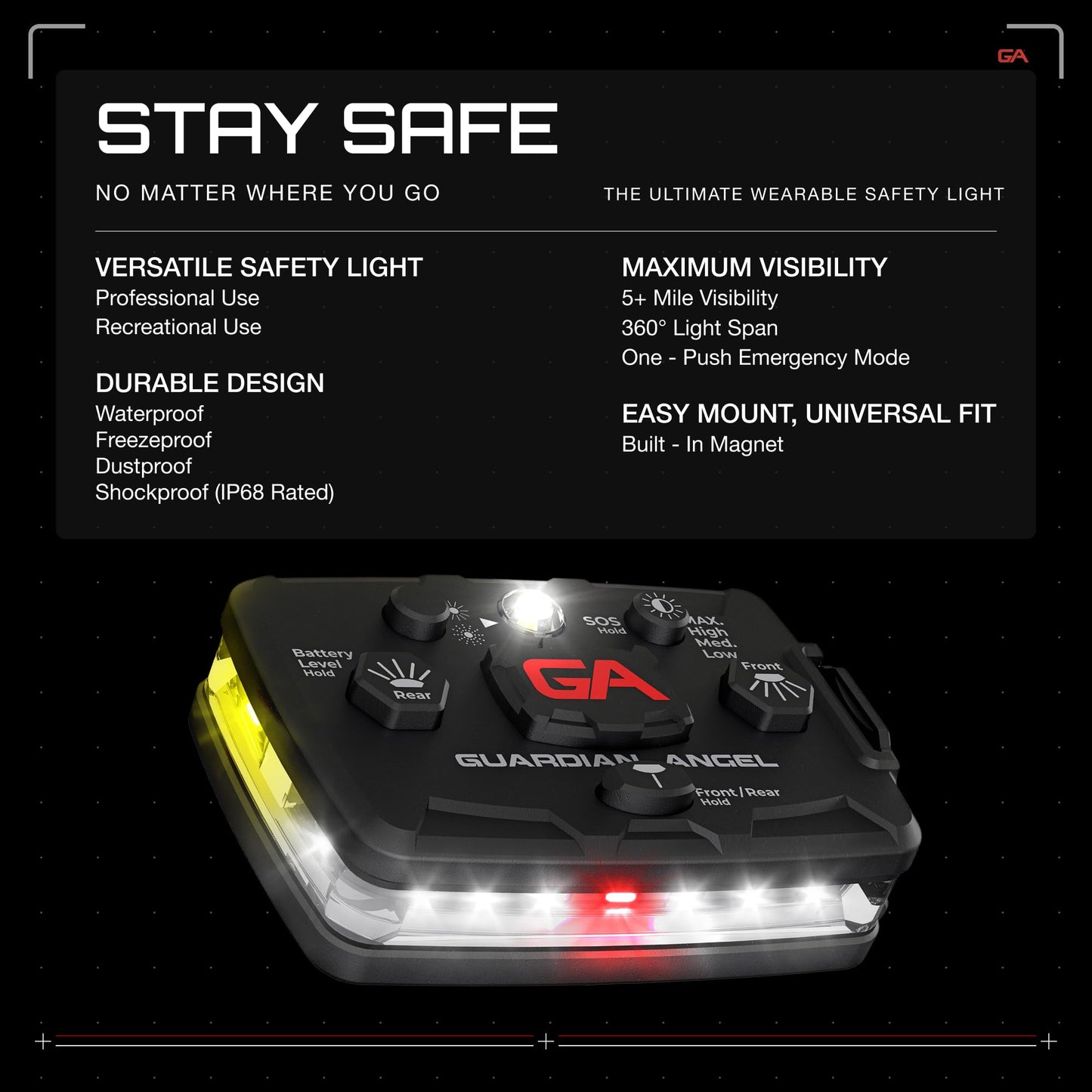 Guardian Angel Safety Light - Rechargeable Led Flashlight, Magnetic, Hands-Free, One-Size, White/Yellow