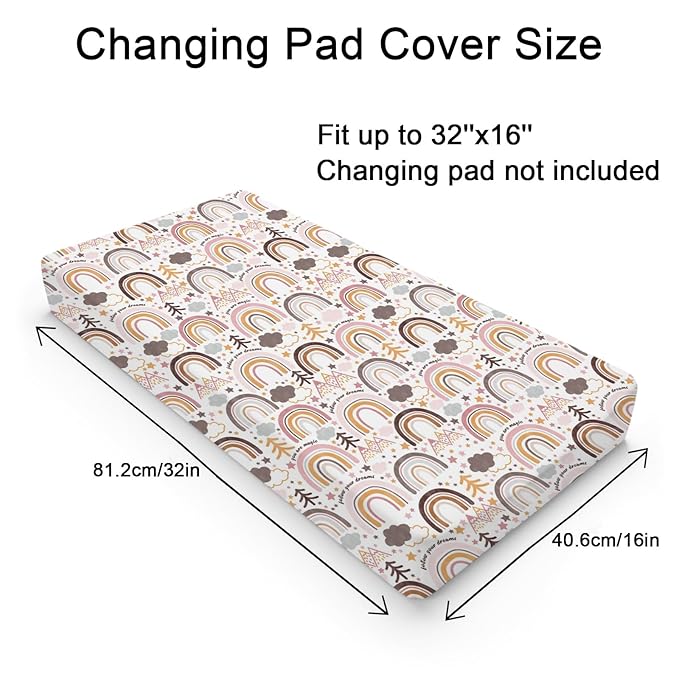 Colorful Boho Rainbow Changing Pad Covers Cute Rainbow Mountain Trees Clouds Stars Fitted Baby Change Table Sheets for Boys Girls Soft Breathable Stretchy Changing Table Cover 32''x16''