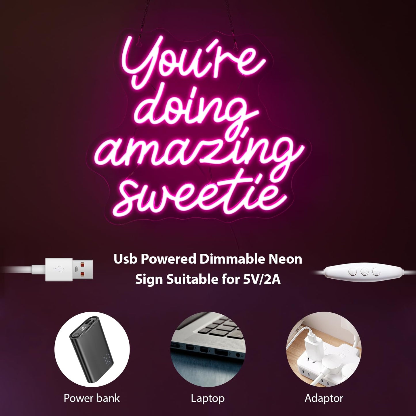 YouRe Doing Amazing Sweetie Neon Sign Pink Dimmable Led Neon Lights For Wall Decor Usb Powered Light Up Signs For Girls Bedroom Party Salon Best Gifts For Birthday Christmas