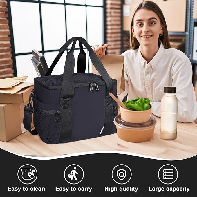 NOL Natural Organic Lifestyle Women's Nylon Lunch Cooler Cute Quilted Lunch Bag Large Leakproof Insulated Lunch Tote Bag for Work Picnic Travel,Black