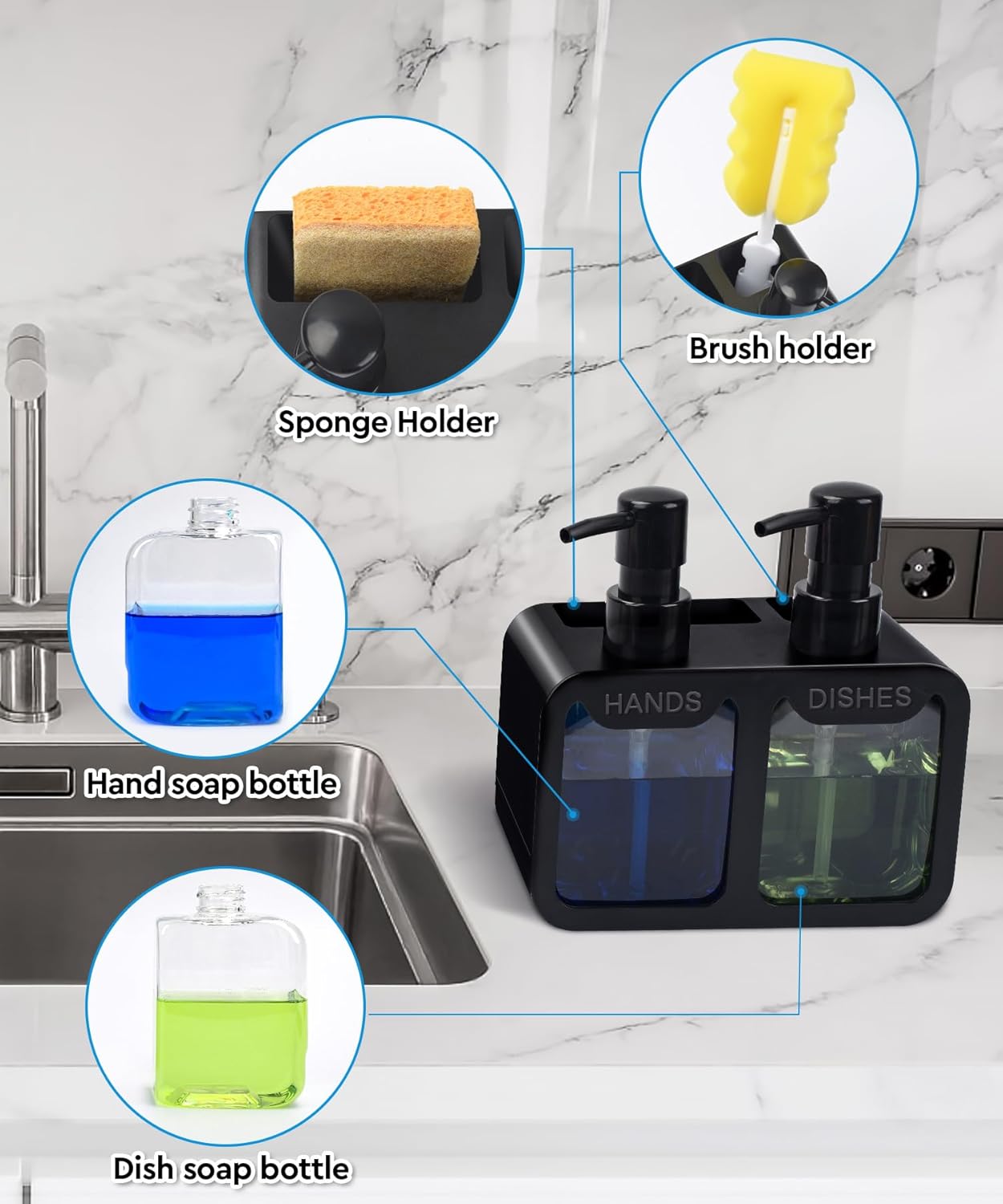 Kitchen Hand Soap and Dish Soap Dispenser Set, Dual Soap Dispenser with Sponge Caddy and Brush Holder 4-in-1 Organizer for Kitchen Sink Countertop, Useful Kitchen Gadgets - Black