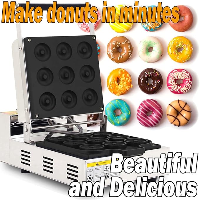 OBong Electric Donut Maker Commercial 9 Holes Mini Doughnut Machine Mini Donuts Maker with Cool Touch Handle Non-Stick Coating for Bakeries Restaurant Snack Bars,1600W, 220V, silvery