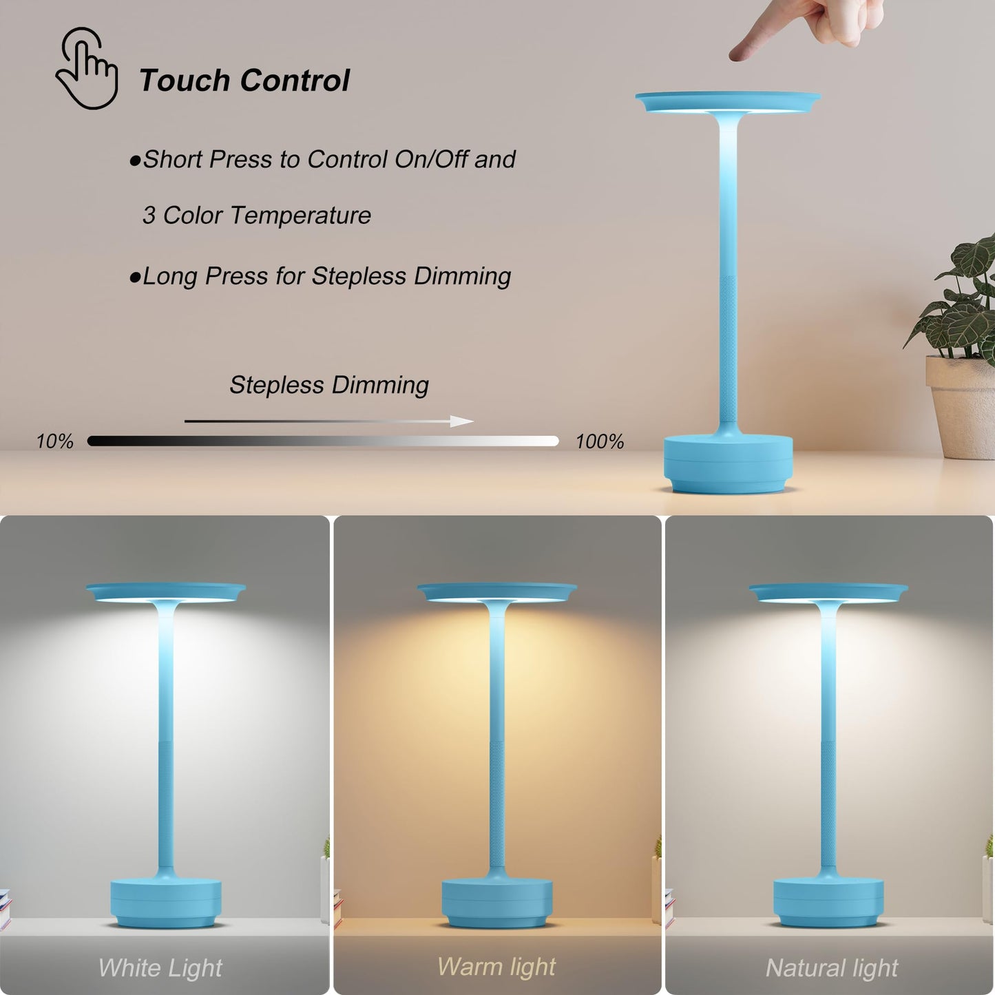 TBBGA Rechargeable Cordless Table Lamp, 5000mAh, LED, 3 Color Dimming, Aluminum, Model T106C, Blue