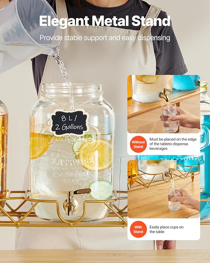 VEVOR Beverage Dispenser, 3 Pack 2 Gallon Drink Dispensers for Parties, Glass Juice Dispenser with Metal Stand, Stainless Steel Spigot, Infuser, Iced Tea Lemonade Juice Water Dispensers for Parties