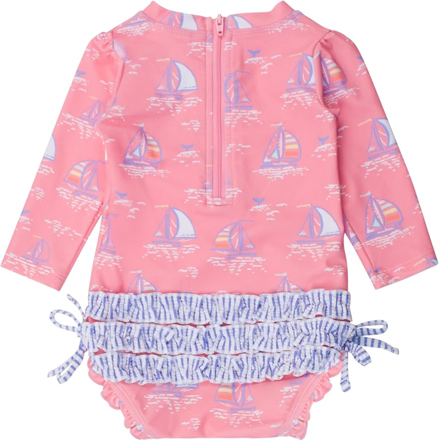 RuffleButts Baby Girls UPF 50+ Sun Protection Novelty Print Long Sleeve One Piece Rash Guard Swimsuit with Zipper