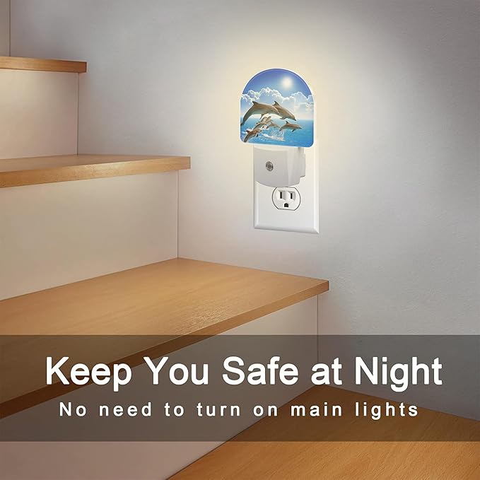 Jumping Dolphins Night Light Plug into Wall, Blue Sea and Bright Sky Dusk to Dawn Night Light Plug in,0.5w Energy Saving Sleep Friendly NightLight for Kids Boys Girls Home Decor