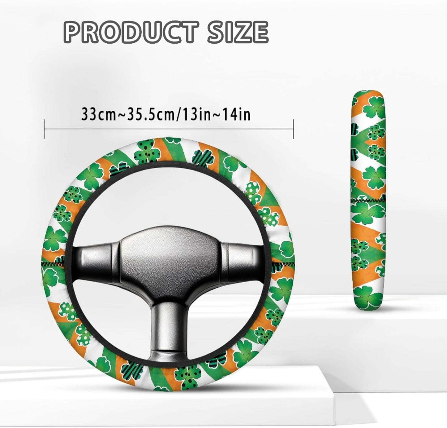 St. Patrick's Day Golf Cart Steering Wheel Protector Cover Green Leaves Golf Cart Steering Wheel Covers Fit 13-14 Inch Car Steering Wheel Covers for Club Car Sweat Absorption