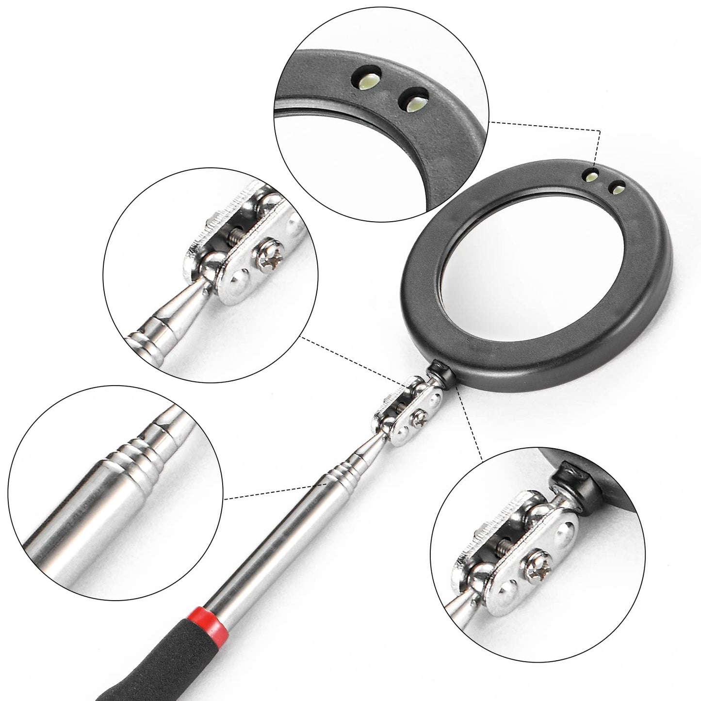 KABUDA 4PCS Telescoping Inspection Mirror LED Lighted Inspection Mirror for Mechanic Checking Vehicle, Car, Eyelashes, Mouth, Small Parts Observation (Extendable, Rectangle & Round)