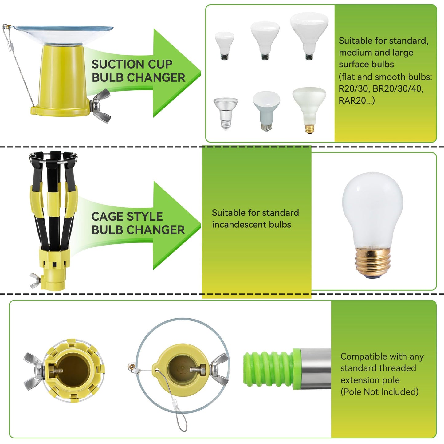 Dreyoo 2 Piece Set Light Bulb Changer  Standard Incandescent Bulb Changer And Suction Cup Light Bulb Changer Compatible With Docapole And Other Standard Threaded Extension Pole (Pole Not Included)