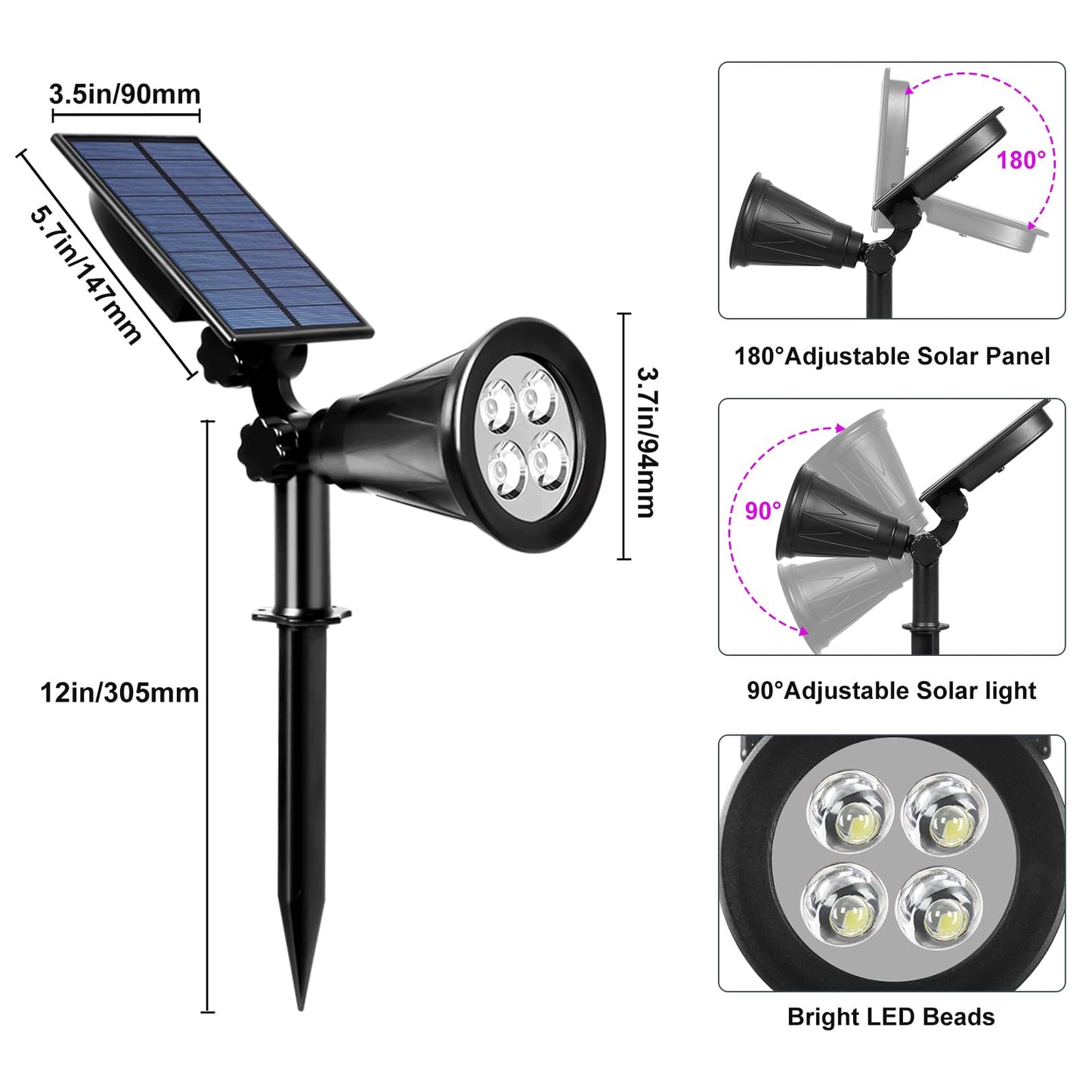 T-SUN Solar Spotlights, 4 LED Waterproof Outdoor Lights, 180° Adjustable, 1 Pack, Purple, Model SG_B07FNK8ZR2