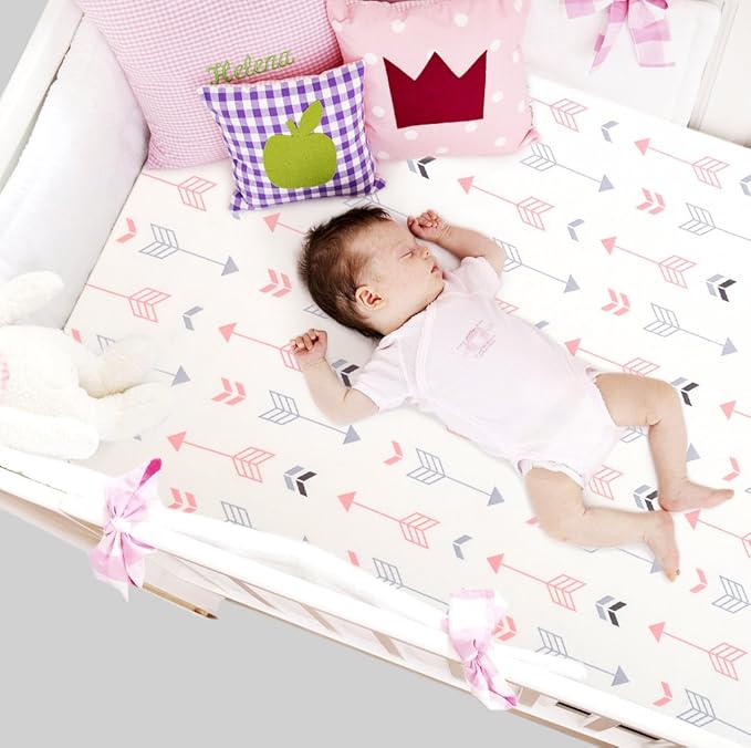 BROLEX Baby Fitted Crib Sheets: Kid Crib Sheets - Set of 2 for Toddler Standard Size Crib Mattress for Boys and Girls - Jersey Knit Crib Bed Sheets Pink White Arrow