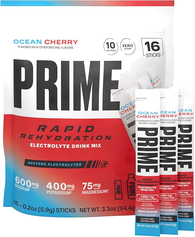 Prime Rapid Rehydration Electrolyte Powder Sticks, Ocean Cherry, Sugar Free Hydration Drink Mix with Sodium, Potassium, Ma...