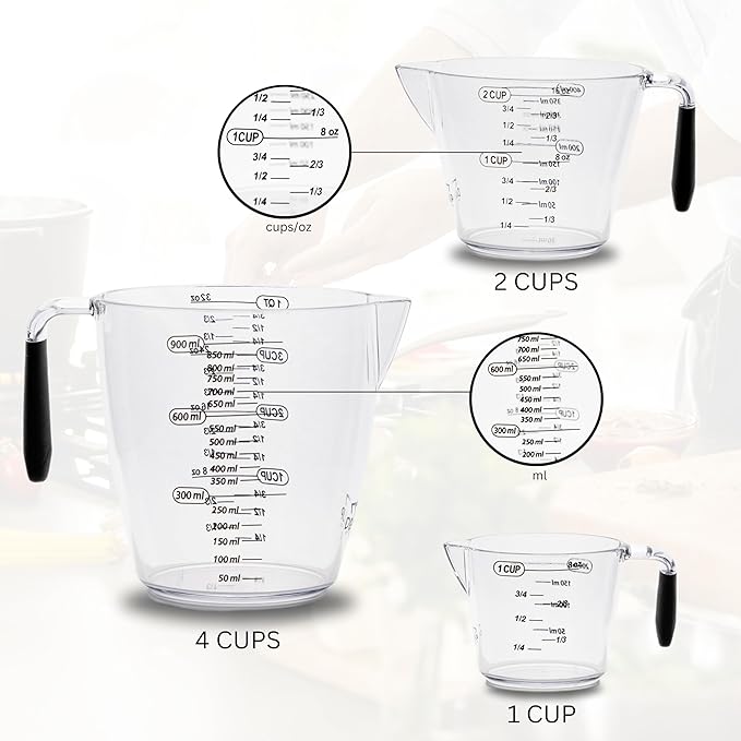 Dalup Measuring Cup Set – Clear Plastic Liquid Measuring Cups (8/16/32 oz) with Spout & Non-Slip Handle | 3-Piece Plastic Measuring Cup Set for Liquids & Dry Ingredients