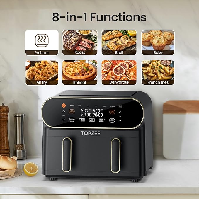 TOPZEE 11-QT Large Air Fryer, 8-in-1 XL Airfryer with Flex Basket, Divider for Dual Cooking, Preheat Air Fry, Roast, Broil, Bake, Reheat, Dehydrate, French Fries Dishwasher Safe, w/Gold Border