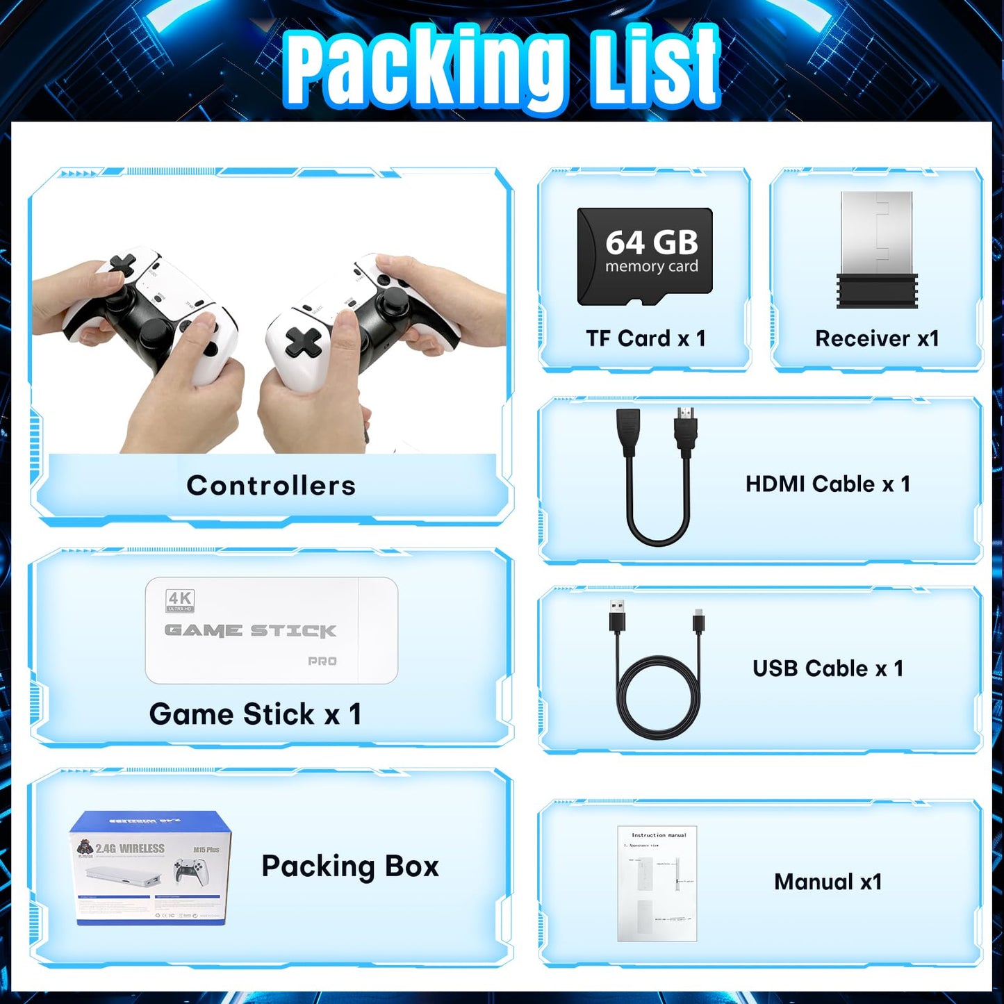 Retro Gaming Stick,Support 23 Emulators,Retro Gaming Console 64GB TF Card,Dual 2.4GHz Wireless Controllers,Game Stick 4K HDMI Plug and Play Video Games for TV