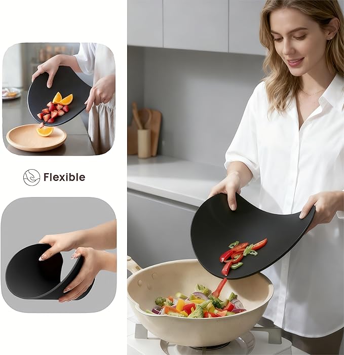 TPU Cutting Boards Set of 2, Flexible, Non-slip Chopping Boards for Kitchen, Knife-Friendly & Dishwasher Safe Cutting Mat for Meat, Vegetables & Fruits (2PCS, Gray/Black-D Shape)