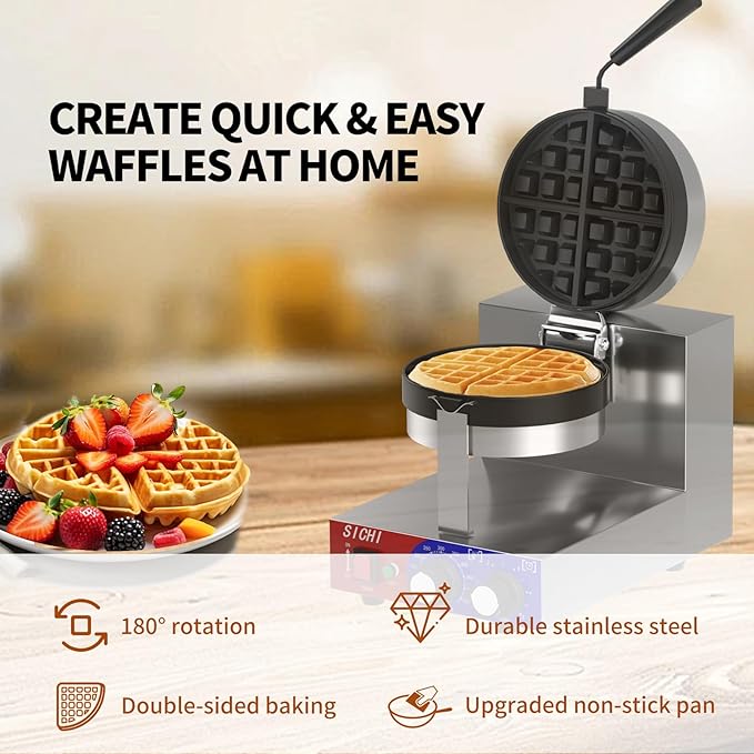 Commercial Waffle Maker - Belgian Waffle Maker w/Non-stick Baking Pan and 550℉ Heating, 1200W Rotating Waffle Iron for 1.2" Thick, Stainless Steel Round Waffle Machine for Restaurant