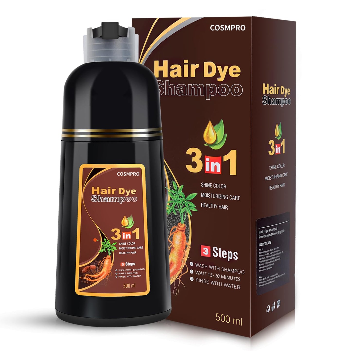 Hair Dye Shampoo Chestnut Brown Hair Color Shampoo for Gray Hair Coverage Herbal Hair Dye Shampoo 3 in 1 for Men and Women, Inst