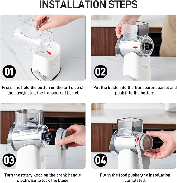 VEKAYA Cheese Grater, Cheese Grater Hand Crank, 4 Interchangeable Blades Cheese Shredder, Vegetable Slicer, Non-slip Suction Base, Easy to Clean Rotary Grater with Handle (White Grey)