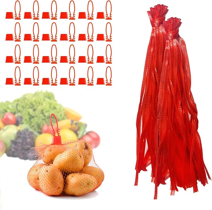 Limso 100 PCS Seafood Boiling Bags, 24 Inch Seafood Bag Onion Bag Mesh Nylon Netting, Reusable Mesh Produce Bags, With Loop-Style Closures (Red)